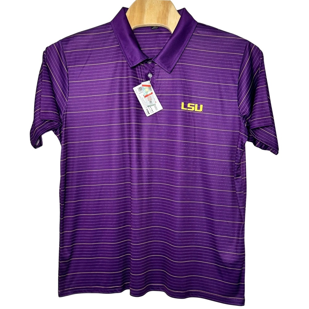 FOCO LSU Tigers Mens 2XL Purple Striped Short Sleeve Polo Shirt NEW NCAA Logo